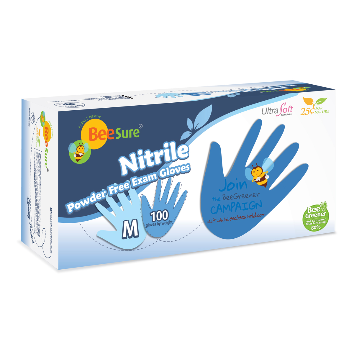 BeeSure Nitrile Exam PF Gloves (L) 100Bx