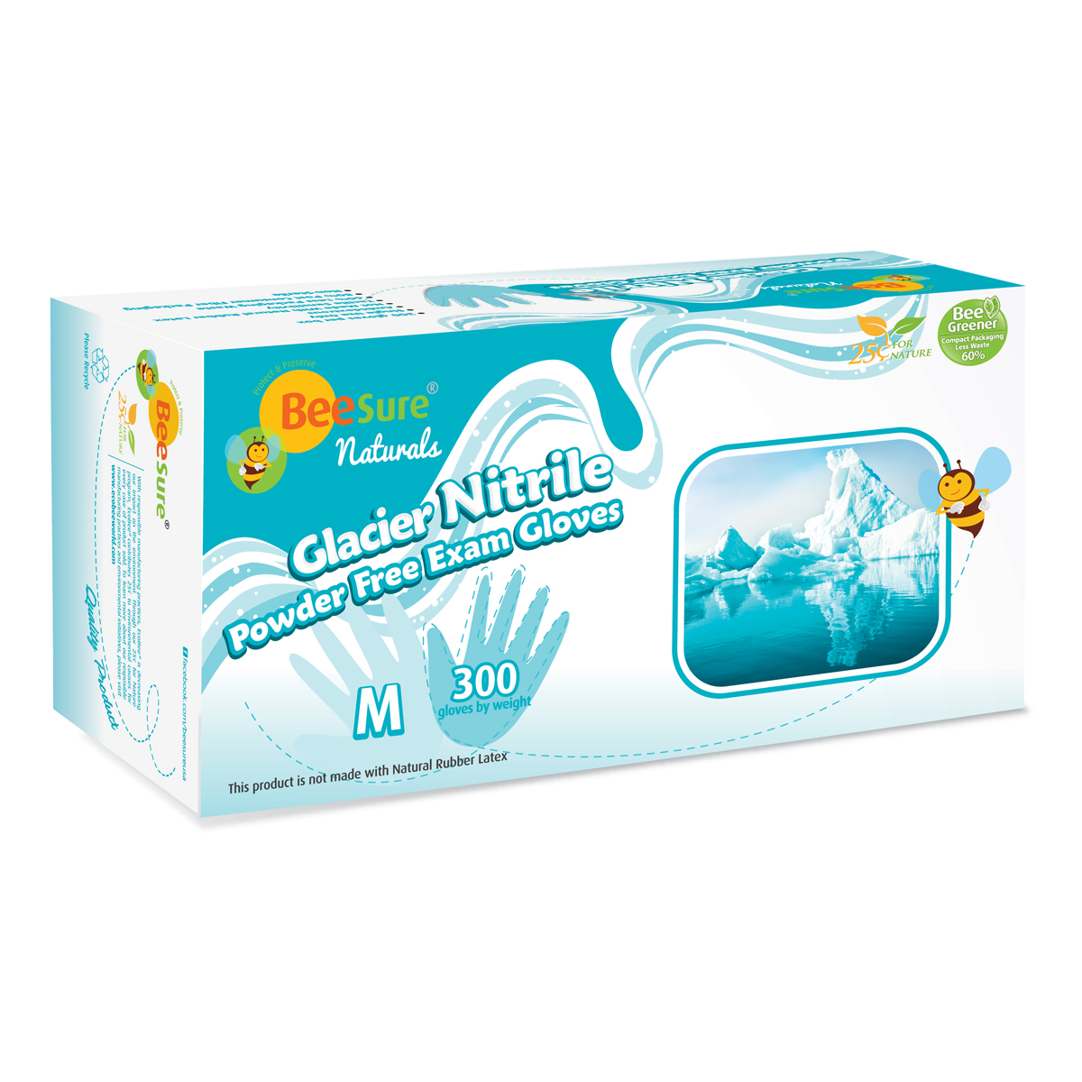 BeeSure Glacier Naturals PF Nitrile Exam Glove (M) 300Bx