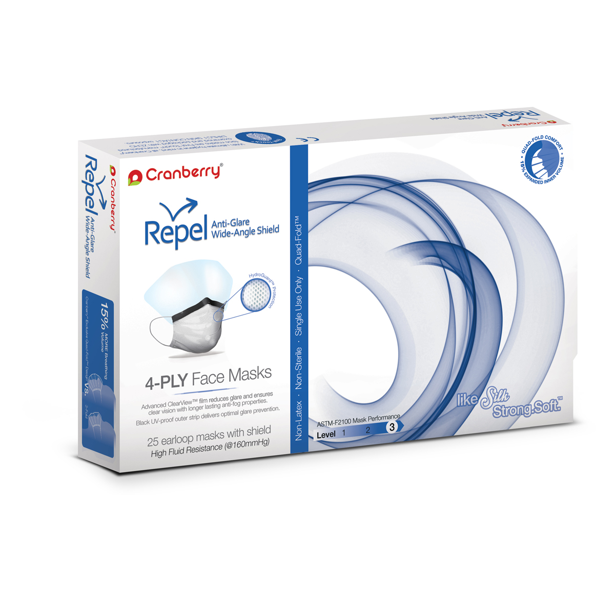 Cranberry Repel 4-Ply Face Mask w/Shield Sapphire L3 25Bx